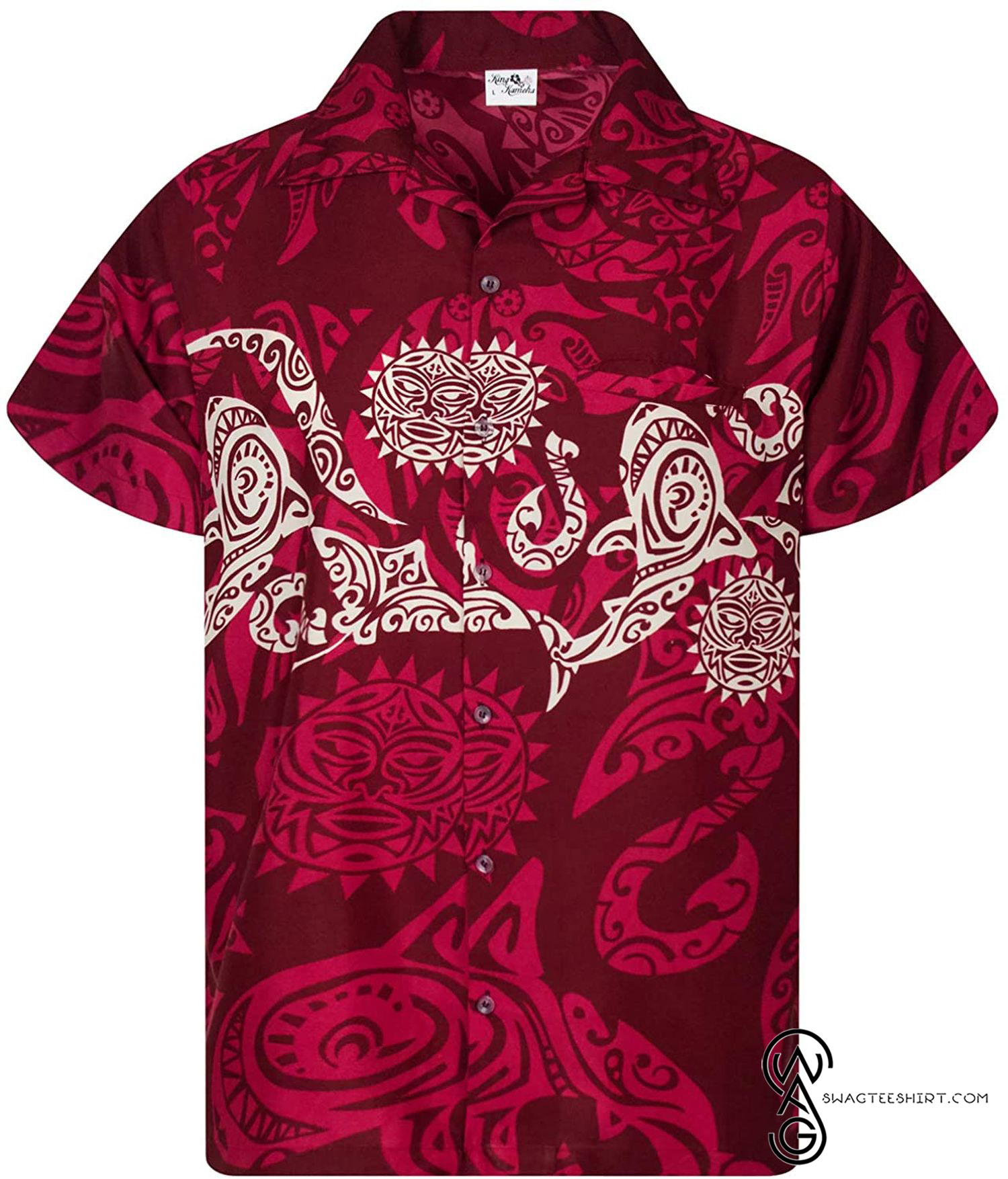 [Top Trending] Funky Aloha Hawaiian Beach Summer Print Maori Chestprint Maroonred Full Printing Hawaiian Shirt